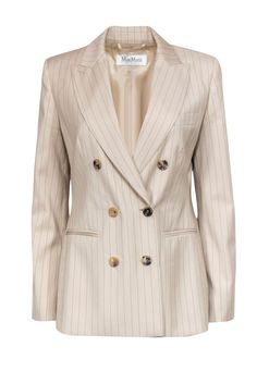 Current Boutique-Max Mara - Taupe Pinstripe Double Breasted Blazer Sz 4 Striped Blazer For Spring Workwear, Striped Outerwear With Pockets For Office, Spring Pinstripe Suits For Office, Spring Office Pinstripe Suits, Spring Pinstripe Office Suits, Striped Double-breasted Suits For Office, Striped Outerwear With Buttons For Office, Striped Single Breasted Outerwear For Work, Striped Notch Lapel Outerwear For Office