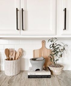 a kitchen counter with wooden utensils and cutting boards on top of it next to a potted plant