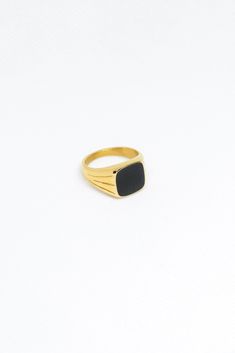 The boldest of them all the Onyx Ring. Whether solo or stacked everyone will see you. Materials: 14k-Gold Filled Stainless Steel, Black Onyx Details: US size 6 & 7﻿, Everyday Black Signet Ring With Polished Finish, Classic Black Jewelry For Everyday, Modern Gold Onyx Jewelry, Black Minimalist Signet Ring For Everyday, Classic Everyday Jewelry With Black Enamel, Black Everyday Ring Jewelry, Everyday Black Ring Jewelry, Minimalist Gold Onyx Ring, Black Everyday Ring