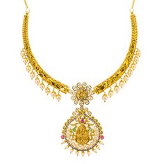 Radiate upon arrival with this exquisite 22K Yellow Gold Hasdi Paachi Necklace & Chandbali Earring set from Virani Jewelers! Features: • Detailed collar necklace • Encrusted with precious rubies, emeralds, CZ gems and pearls • Large Laxmi eyelet pendant • Chandbali earrings Virani Jewelers is always committed to providing only the best in 22K gold jewelry and precious gemstones. This brilliant 22K yellow gold Hasdi Paachi necklace and Chandbali earrings set features an elegantly engraved collar 22k Gold Jewelry, Chandbali Earrings, Precious Gemstones, 22k Gold, Collar Necklace, Earrings Set, Indian Jewelry, Earring Set, Jewelry Pieces