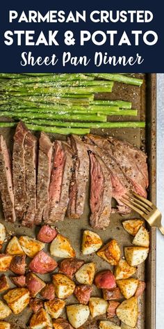 steak and potatoes on a sheet pan with asparagus