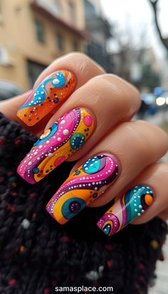 30+ Best Fall Funky Nails Ideas and Designs In 2024 Nail Fun Designs, Trippy Nail Art, Maximalist Nails, Funky Nail Designs, Long Nail, Vibrant Nails, Bold Patterns