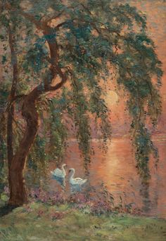 a painting of swans swimming under a tree