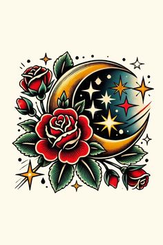 an old school tattoo design with roses and stars on the moon in the sky above it