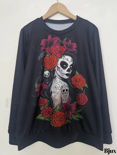 Bjux - Womens Day Of The Dead Long Sleeve Casual Sweatshirt Featuring Halloween Figure Print - Trendy Addition to Your Wardrobe Halloween Figures, Elegant Fabric, Day Of The Dead, Style Elegant, Casual Sweatshirt, Long Sleeve Casual, The Dead, Types Of Printing, Collar Styles