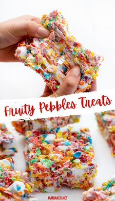 A hand is pulling apart a fruity pebbles treat in the top image. The bottom image shows a few fruity pebbles treats on a white counter top. Fruit Pebbles Rice Crispy Treats, Fruity Pebbles Rice Crispy Treats, Cereal Ideas, Fruity Pebbles Treats, Easter Rice Krispie Treats, Sweet Deserts, Easy Impressive Dessert, Fruity Pebbles Cereal, Cereal Snacks