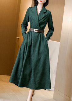 Beautiful Green Notched Collar Sashes Slim Fit Corduroy Maxi Dresses Spring AC2013 Tulle Long Dress, Long Fall Dresses, French Green, Spring Maxi Dress, Romantic Outfit, Collar Cardigan, Spring Fabric, Corduroy Dress, Comfortable Room