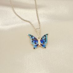 Cloisonne Enamel Butterfly Pendant, Handmade Georgian Enamel, Dainty Necklace Butterfly, Blue Butterfly Necklace, Georgian Cloisonne Enamel Blue Enamel Round Pendant Necklace, Blue Enamel Necklace With Large Pendant, Hand Painted Enamel Jewelry Gift, Hand Painted Enamel Jewelry For Gifts, Blue Enamel Pendant Jewelry, Sterling Silver Necklace With Black Enamel, Enamel Round Pendant Necklace, Artistic Blue Enamel Jewelry, Silver Pendant With Black Enamel