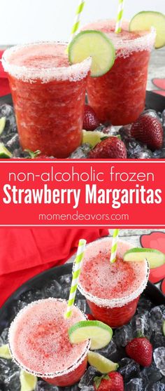 two glasses filled with strawberry margaritas on top of ice and topped with strawberries