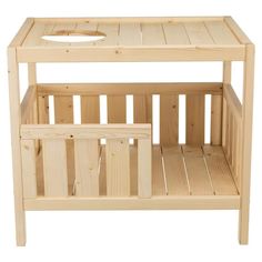 a small wooden table with a sink on it's side and shelves underneath the shelf