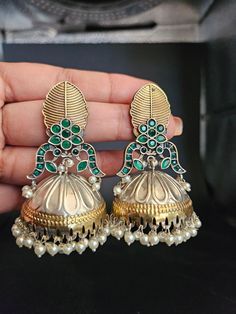 Jhumka earrings Around 3 inches Brass made Traditional Dual-tone Earrings For Diwali, Traditional Dual-tone Earrings For Festive Occasions, Traditional Dual-tone Earrings For Festivals, Traditional Dual-tone Festive Earrings, Festive Dual-tone Temple Jewelry Danglers, Festive Traditional Dual-tone Earrings, Dual-tone Kundan Temple Jewelry Earrings, Traditional Dual-tone Kundan Earrings, Dual-tone Earrings For Celebrations And Festivals