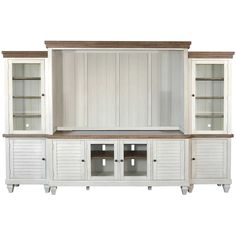 a white entertainment center with wooden shelves and doors