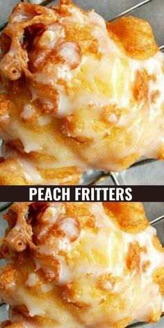 two different pictures of some food on a rack and one has peach fritters