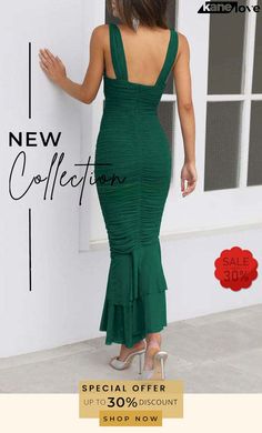 Solid Color High Waist Pleated Mermaid Dress Fitted Green Fishtail Dress, Fitted Dresses With Ruffle And Mermaid Hem, Green Strapless Mermaid Dress, Green Fitted Fishtail Maxi Dress, Fitted Green Fishtail Maxi Dress, Green Mermaid Hem Dress, Green Stretch Mermaid Dress For Party, Bodycon Mermaid Dress For Prom, Green Strapless Fitted Mermaid Dress