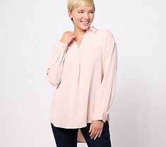 Smart and sophisticated, this faux silk blouse features a relaxed fit for a trend-right feel. From Girl With Curves. Hem Blouse, Silk Blouse, Relaxed Fit, Silk