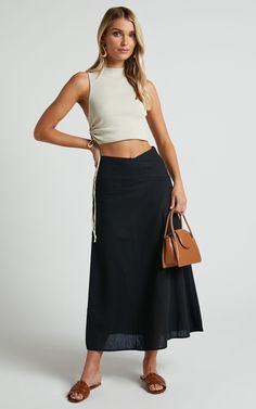 Sundry Midi Skirt - Linen Look High Waisted Cross Front Detail Skirt in Black | Showpo USA Chic Gathered Maxi Skirt For Summer, Chic Spring Wrap Skirt With Gathered Detail, Chic Beach Wrap Skirt With Lining, Versatile Lined Maxi Skirt For Day Out, Chic Lined Wrap Skirt For Beach, Chic Tiered Wrap Skirt For Summer, Chic Midi Skirt For Vacation, Chic Vacation Midi Skirt, Versatile Gathered Maxi Skirt For Spring