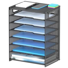 an office organizer is shown with five trays on each side and three file folders in the middle