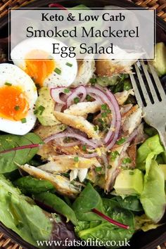 keto and low carb smoked mackerel egg salad in a bowl with fork