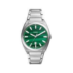 Featuring colors that are on trend for the season, this sporty Everett quartz watch from Fossil favors the bold. 42mm stainless steel case Genuine green malachite stone dial with date display, eye-catching luminous hands and markers, date display and mineral crystal Stainless steel H-link bracelet with push-button deployment clasp Water-resistant to 50 meters Green Malachite, Malachite Stone, Three Hands, Stainless Steel Watch, Minerals Crystals, Men's Watch, Push Button, Quartz Watch, Smartwatch