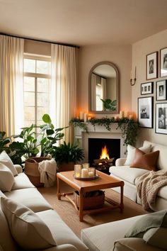 a living room filled with furniture and a fire place in front of a mirror on the wall