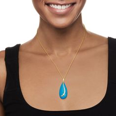 Ross-Simons - Turquoise Teardrop Pendant in 14kt Yellow Gold. Bold and blue teardrop-shaped turquoise pendant with a gleaming swoop of 14kt yellow gold. Fixed bale fits a 4mm chain, sold separately. Pendant presented in 14kt yellow gold. Yellow Gold Jewelry, Teardrop Necklace, Teardrop Pendant, Turquoise Pendant, Personal Shopping, Free Jewelry, Pendant Jewelry, Turquoise Necklace, Gold Jewelry