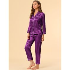 This style of sleeping shirt it's easy to put on or take off, which can give you a light and simple dressing experience, and keep you nice and comfortable all day. Top: This long-sleeved sleepwear features contrast stitching on loungewear tops, button-downs with classic notch collars, and a chest single pocket. Bottom: pants featured elastic waist. The soft pajama set for women is classy, comfortable, and durable. Women's pajamas set is casual and classy, even if a guest visits suddenly, you won Silky Sleepwear, Satin Pjs, Silk Pjs, Silky Pajamas, Satin Pajama Set, Bridesmaid Pyjamas, Satin Pajama, Night Suit, Satin Pyjama Set