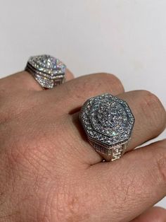 "Octagonal men's ring Large size 18mm 0.75\" SOLID 925 sterling silver Stamped 925 Will never tarnish or turn your hand green! Ring is set with simulated diamonds (CZ) Round stones! These aren't cheap cubic zirconia they look exactly like real diamonds! Ring is 8-10 grams depending on size! Very nice and heavy feel Nobody will know that its not a $10,000 ring Check out our wide assortment of silver chains and have a gorgeous matching set" Greek Ring, Green Moissanite, Hip Hop Rings, Real Diamond Rings, Diamond Tester, Diamonds Ring, Men's Ring, Pinky Ring, Ring Size Guide