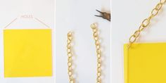 three images showing the process of making a chain necklace with yellow paper and gold chains