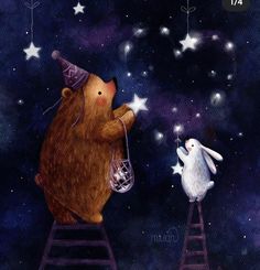 a painting of two bears standing on ladders in the night sky with stars above them