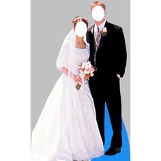 a bride and groom standing next to each other in front of a blue background wearing masks