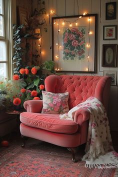 a living room filled with furniture and flowers