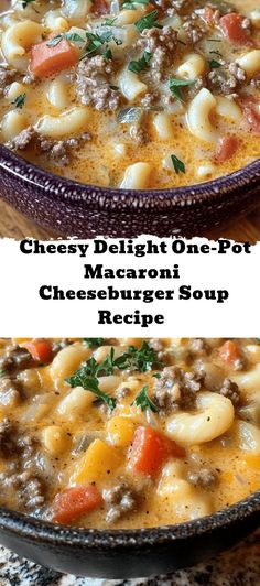 two pictures of cheeseburger soup in a bowl with the title text below it