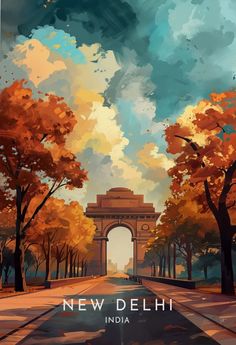 a painting of the india gate in new delhi, with trees and clouds above it