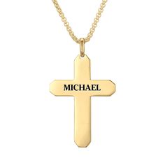 Luxury has never been so affordable… An impressive 23kt gold-plated cross pendant featuring YOUR name engraved on the back, so it's unique to you. The centerpiece of the pendant is a circular grid set with 6 genuine diamonds for a brilliant shine — another 10 genuine diamonds decorate the surrounding platinum-plated perimeter of the cross for a grand total of 16 genuine diamonds! The inner surface area of the pendant features a raised, gold-plated watch band pattern that adds depth to this maste Cross-shaped Name Jewelry For Anniversary, Anniversary Jewelry With Name And Cross Shape, Classic Cross Necklace As A Gift, Name-engraved Cross Jewelry For Anniversary, Classic Cross Pendant Necklace For Anniversary, Classic Cross Pendant Necklace As Gift, Personalized Gold Cross Jewelry, Classic Engraved Crucifix Cross Necklace, Personalized Gold Cross Jewelry Gift