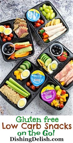 three black trays filled with different types of food and the text gluten free low carb snacks on the go