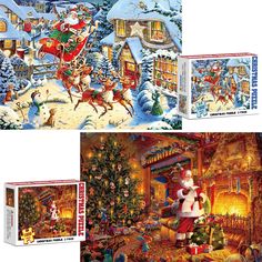 two christmas jigsaw puzzles with santa and his sleigh in the background