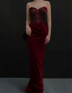 Gothic Burgundy Red Velvet Mermaid Formal Dress -Ball Gown Plus Size - WonderlandByLilian Burgandy Velvet Dress, Gothic Mermaid Dress, Black And Red Evening Gown, Red Christmas Gown, Red Dark Dress, Velvet Couture Dress, Black And Red Bridesmaid Dresses, Goth Red Dress, Florence Wardrobe