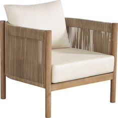 a chair that is made out of wood and wicker with a white seat cushion