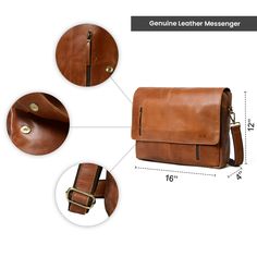 the genuine leather messenger bag is shown with measurements