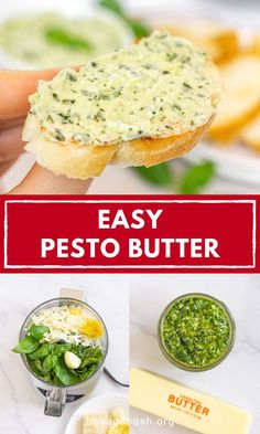 easy pesto butter recipe on bread with basil and parmesan cheese in the background