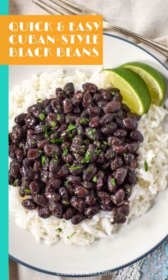 a white plate topped with black beans and rice