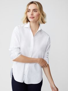 Worn by style icons of the past and present, there's something so timeless about a classic button-down shirt. Our newest addition to the line up is crafted in 100% cotton with a drop shoulder that's somewhere between structured and relaxed. For a menswear-inspired look, cuff the sleeves. | J.McLaughlin Women's Finn Shirt White, Size Medium | Cotton Timeless Button-up Tops With Placket, Timeless Collared Shirt With Placket, Modern Button-up Shirt For Daywear, Timeless Business Casual Tops With Button Closure, Timeless Collared Tops For Business Casual, Timeless Fold Down Collar Top For Spring, Modern Shirttail Hem Shirt For Business Casual, Timeless Tops With Fold Down Collar And Placket, Timeless Tops With Placket And Fold-down Collar