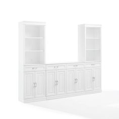 a white bookcase with doors and drawers on each side is shown in front of a plain background