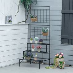 three tiered plant stand with potted plants on each shelf in front of a house