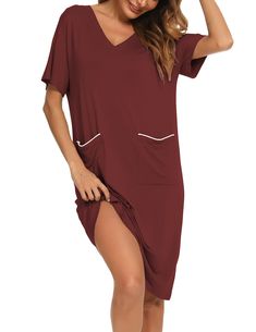 PRICES MAY VARY. Material: Made of 95% Viscose, 5% Spandex. Soft cozy, lightweight and flexible. Suitable for a relaxed home life Features: Loose and comfy v-neck short sleeve, high stretch satin trim pockets. This pajama dress is not only breathable, but also soft and silky. Perfect for day relaxing, lounging sleep or home bedroom. Style:Classic mid-length design, perfect to keep cool. Decorated with two forged edge pockets, simple yet elegant. The well-made high-quality nightgowns are suitable Red V-neck Sleepwear For Loungewear, Stretch V-neck Nightgown For Bedtime, Red V-neck Summer Nightgown, Summer Long Sleeve Nightgown For Overnight, Relaxed Fit Nightgown For Summer Nights, Relaxed Fit Nightgown For Summer, Summer Nightgown With Relaxed Fit For Overnight, Summer Nightgown With Relaxed Fit, Long Sleeve Summer Nightgown