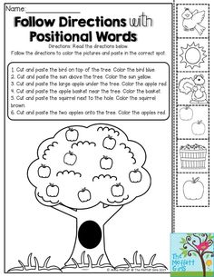 an apple tree worksheet with the words, follow directions and positional words