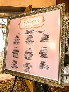 the seating chart for an event is displayed in front of a large framed sign with gold trim