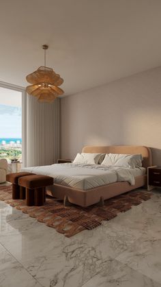 a bedroom with marble flooring and white walls