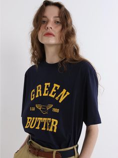 This is a modern and comfortable top by GREENBUTTER that is made out of high quality and sturdy fabric. With unique design detail and trendy mood, you can style it for your casual and young daily outfit.- Bio washed cotton fabric- Silky processed cotton with soft touch- Graphic print on the front and back Urban Cotton T-shirt For Fall, Trendy Navy Tops For Streetwear, Navy Cotton Top For College, Navy Cotton Tops For College, Trendy Navy Top With Letter Print, Navy Cotton Top For Fall, Blue Cotton College Style Tops, Urban Cotton Top For Fall, Oversized Trendy Cotton Tops