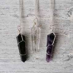 "Embrace crystal energy with these beautiful wire wrapped necklaces! Each one of these crystals below symbolize and promote something different. Choose the crystal that connects with what you want to achieve and let the healing properties empower you (or simply the one that matches your favourite outfit!) Our range includes; - Amethyst is a meditative stone that promotes calm, balance, and peace. A remarkable stone of spirituality and contentment known to help still the mind. - Clear Quartz is t Crystal Wire Wrap, Jewellery Wire, Black Tourmaline Crystal, Wire Wrap Pendant, Crystal Pendants, Crystal Energy, Crystal Jewellery, Crystal Chain, Wire Wrapped Necklace